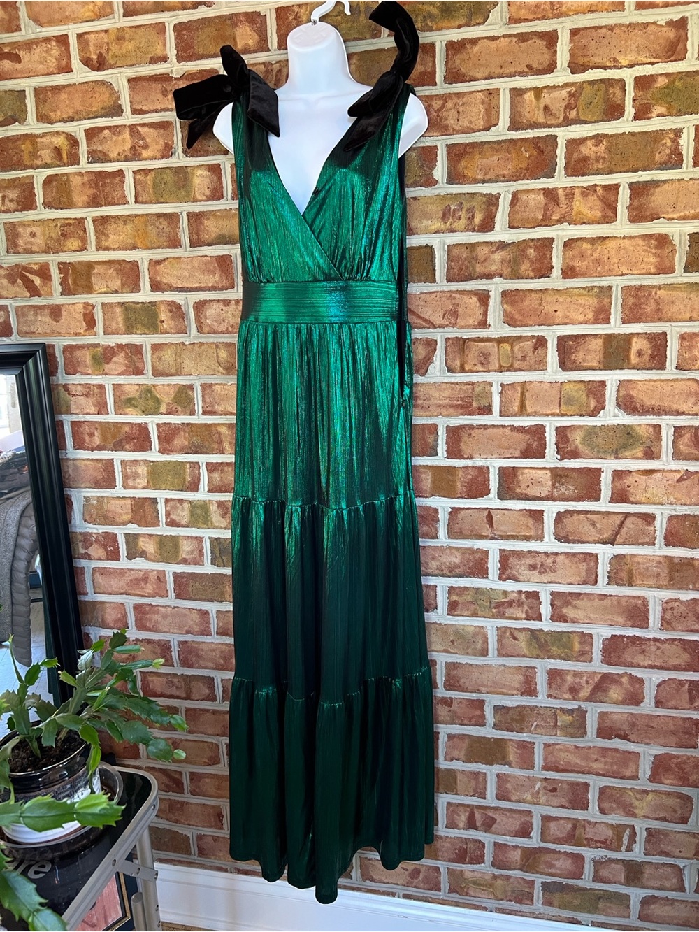 Sugarlips Metallic Emerald Tiered Maxi Dress with Black velvet Bow Straps. M
